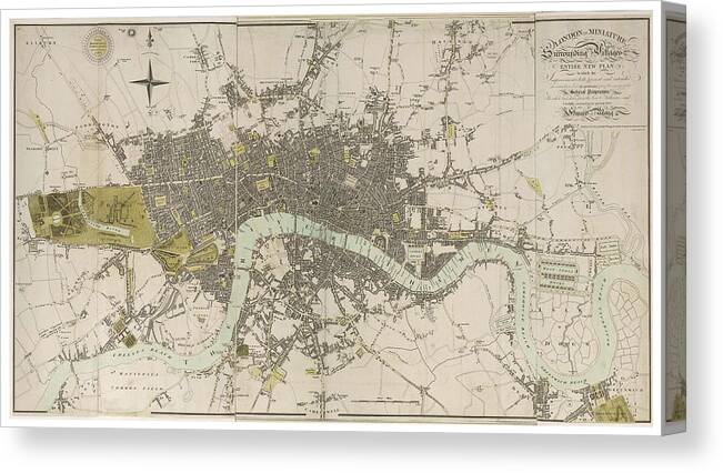 Old London Map Canvas Print featuring the drawing Antique Map of London - Old Cartographic maps - London in Miniature, 1807 by Edward Mogg by Studio Grafiikka