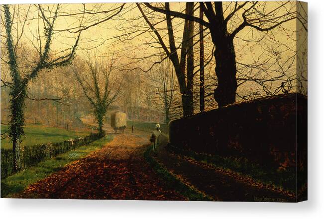 Wall; Leaves; Haycart; Landscape Canvas Print featuring the painting Autumn Sunshine Stapleton Parknear Pontefract by John Atkinson Grimshaw