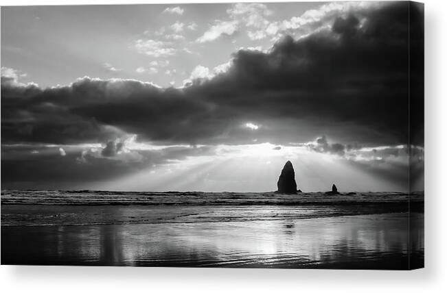 Cannon Beach Canvas Print featuring the photograph Basking in the Light BW by Don Schwartz