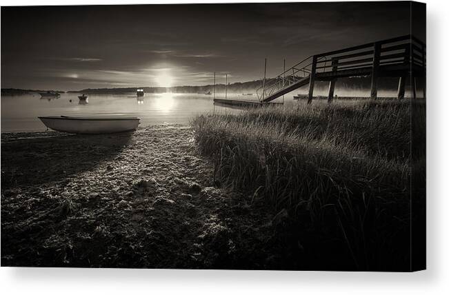 Black And White Canvas Print featuring the photograph Boats On The Cove At Sunrise In The Fog - Black and White Photograph by Darius Aniunas