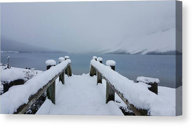 Snow-covered Bridge Canvas Print featuring the photograph Bow Lake Snow-covered Bridge by William Slider