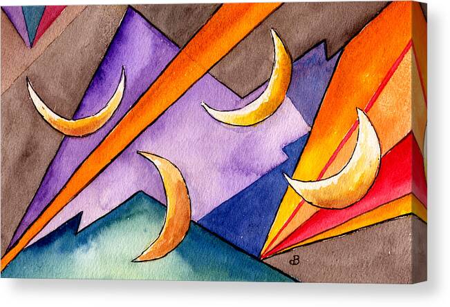 Watercolor Abstract Orange Purple Grey Moon Moons Design Fantasy Surreal Canvas Print featuring the painting Cadence by Brenda Owen