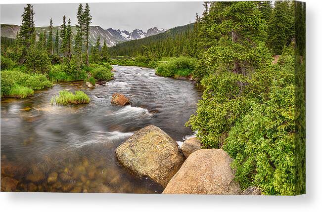 Longs Lake Canvas Print featuring the photograph Colorado Indian Peaks Wilderness Creek Panorama by James BO Insogna