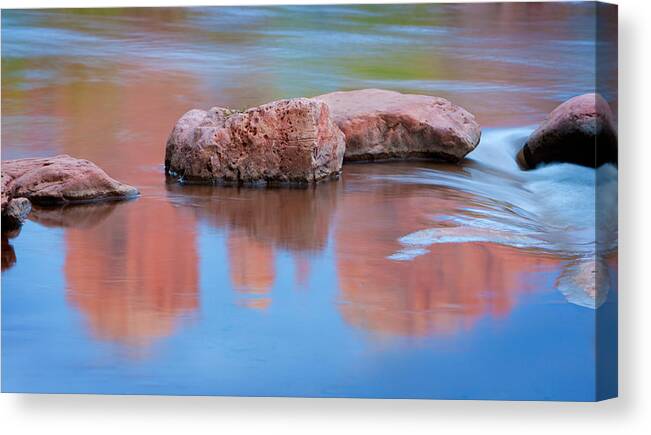 Red Rocks Canvas Print featuring the photograph Creek Rocks with Cathedral Rock Reflection by Bob Coates