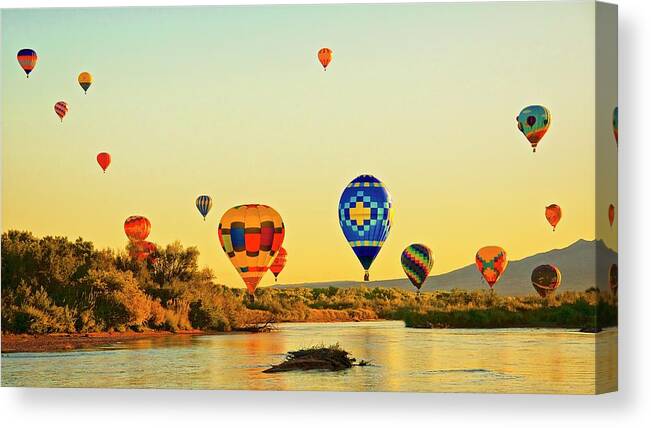 Nature Canvas Print featuring the photograph Crossing the Rio Grande River, Hot-Air Balloons by Zayne Diamond