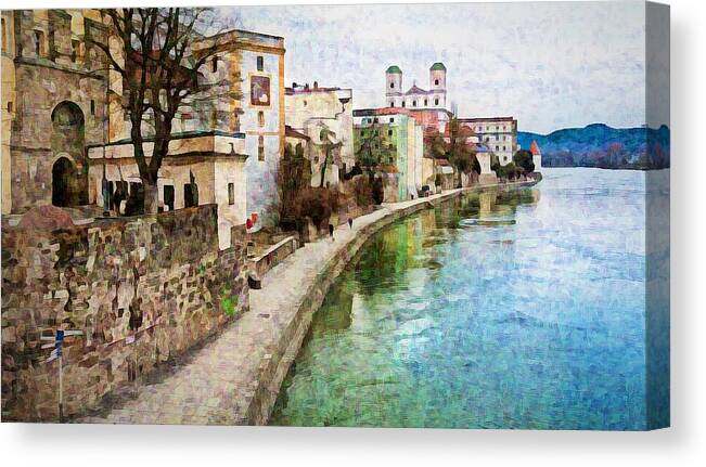 Danube River Canvas Print featuring the mixed media Danube River at Passau, Germany by Tatiana Travelways