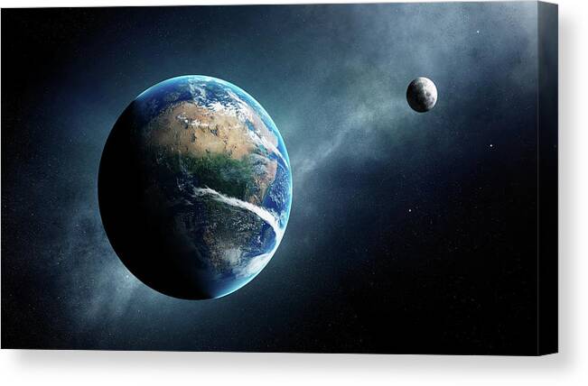 Earth Canvas Print featuring the digital art Earth and moon space view by Johan Swanepoel