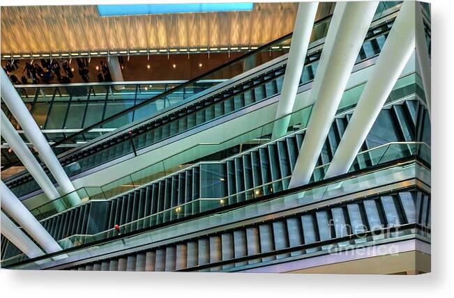 Transportation Canvas Print featuring the photograph Escalators and columns in Munich airport by Claudia M Photography