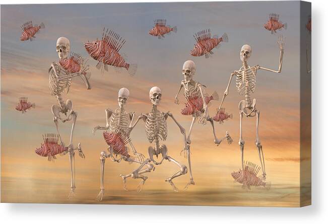 Skeleton Canvas Print featuring the digital art Fishermen Never Give Up by Betsy C Knapp by Betsy Knapp