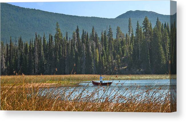Oregon Canvas Print featuring the painting Fly Fishing Hosmer Lake Larry Darnell by Larry Darnell