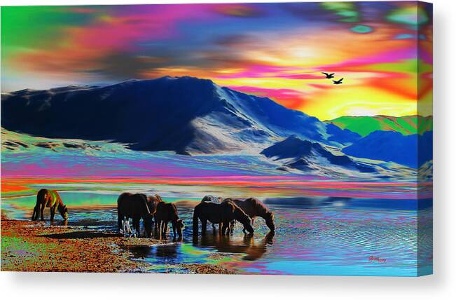 Water Canvas Print featuring the digital art Horse Sunrise by Gregory Murray