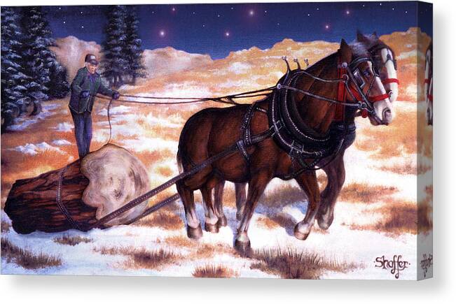 Horse Canvas Print featuring the painting Horses Pulling Log by Curtiss Shaffer