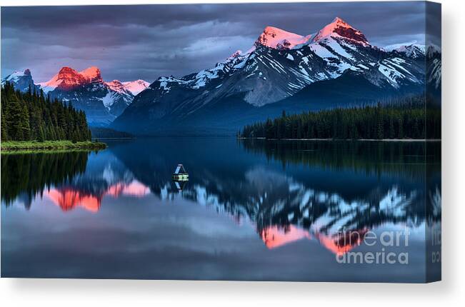 Maligne Lake Canvas Print featuring the photograph Jasper Pink Peaks by Adam Jewell