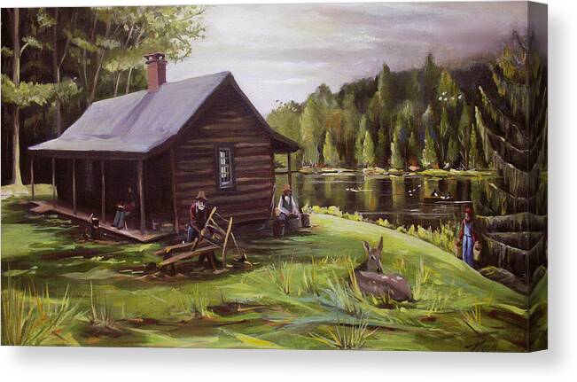 Log Cabin Canvas Print featuring the painting Log Cabin by the Lake by Nancy Griswold