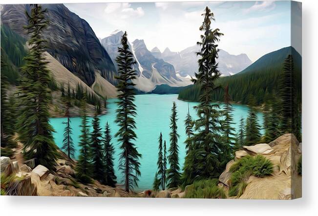 Lake Canvas Print featuring the digital art In the Valley of the Ten Peaks by Hans Brakob