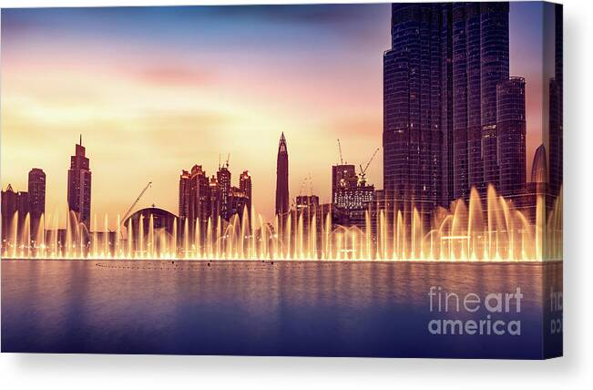 Arab Canvas Print featuring the photograph Musical fountain of Dubai by Anna Om