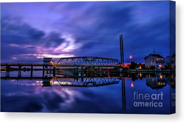 Sunset Canvas Print featuring the photograph Night Swing Bridge by DJA Images