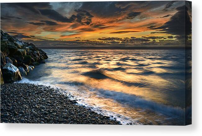 Sun Canvas Print featuring the photograph North Jetty Sunset by Bob VonDrachek