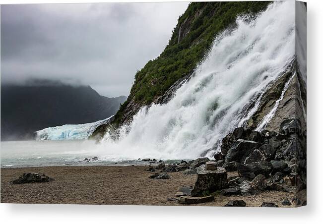 Rocks Canvas Print featuring the photograph Nugget Falls and the Mendenhall by Ed Clark