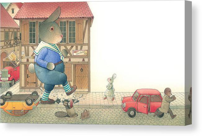 Street Town Rabbit Animal Red Car Accident Love Canvas Print featuring the painting Rabbit Marcus the Great 19 by Kestutis Kasparavicius