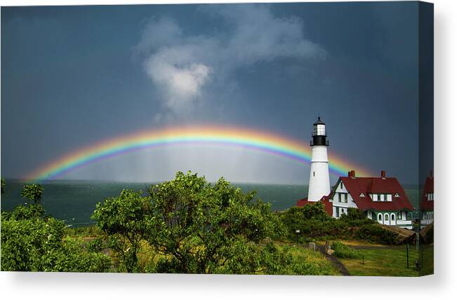 Rainbow Canvas Print featuring the photograph Rainbow at Portland Headlight by Darryl Hendricks
