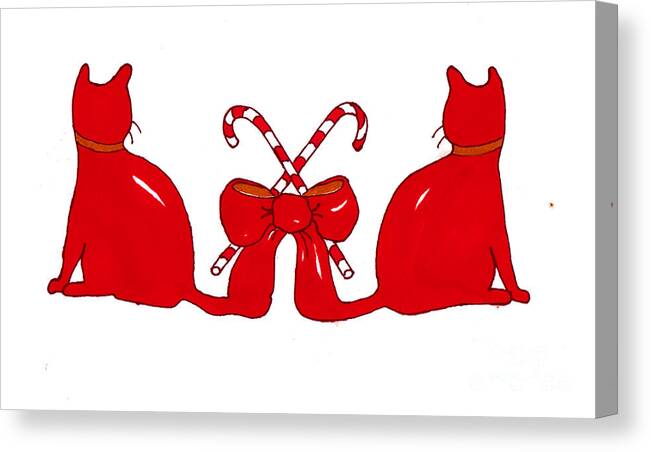 Red Canvas Print featuring the painting Red Xmas Ribbon Cats by Rachel Lowry