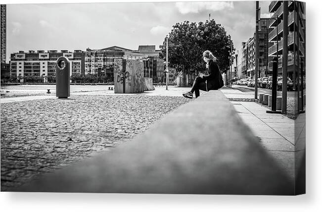 Black Canvas Print featuring the photograph Relax in the city - Dublin, Ireland - Black and white street photography by Giuseppe Milo