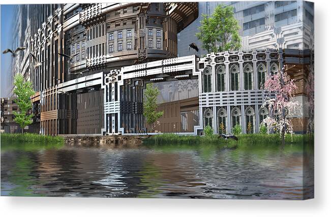 Water Canvas Print featuring the digital art Riverside Apartments by Hal Tenny