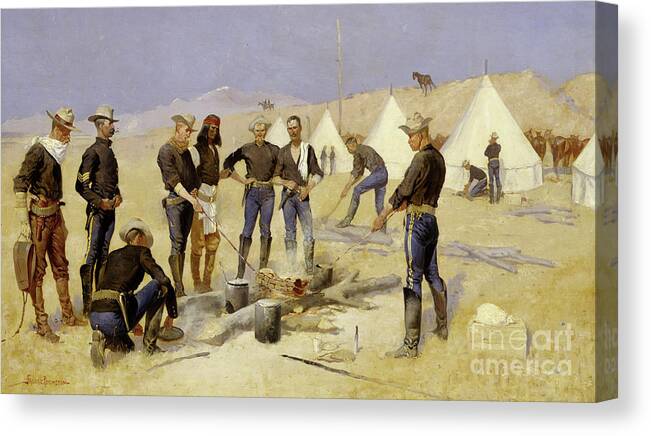 Roasting The Christmas Beef In A Cavalry Camp Canvas Print featuring the painting Roasting the Christmas Beef in a Cavalry Camp, 1892 by Frederic Remington