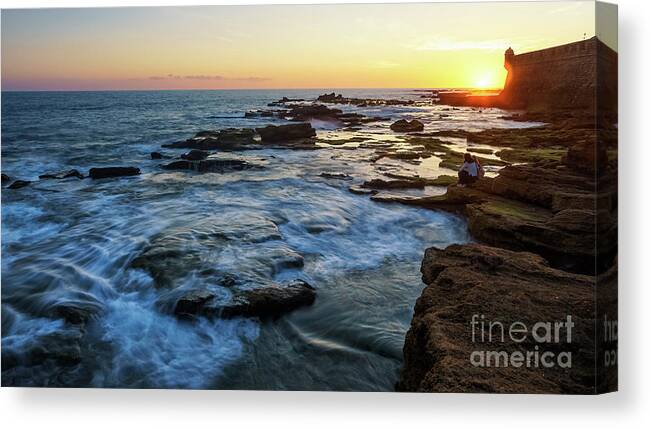 Water Canvas Print featuring the photograph San Sebastian Castle Sunset Cadiz Spain by Pablo Avanzini