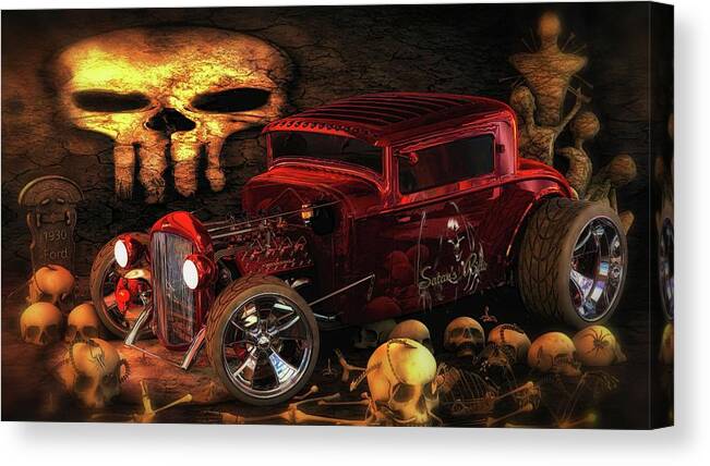 Ford # Ford Flathead # Hotrod # V8 # 1930 Ford # Multiple-carburetors # Custom Car # Skulls # Cinema 4d # Photoshop # Custom Hot Rod # Satanic #satan Canvas Print featuring the digital art Satan Ride by Louis Ferreira