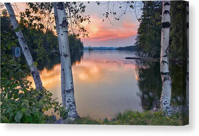 #highland#lake#bridgton#maine##mountain#sunset#spring#landscape Canvas Print featuring the photograph Summer Evening on Highland Lake by Darylann Leonard Photography