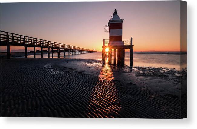 Beach Canvas Print featuring the photograph Sunrise at the red lighthouse - Lignano, Italy - Travel photography by Giuseppe Milo