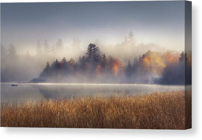 Lake Placid Canvas Print featuring the photograph Sunrise Boat by Magda Bognar
