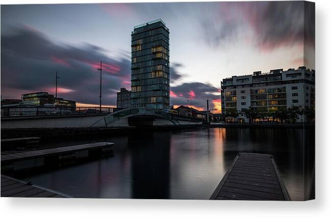 Beautiful Canvas Print featuring the photograph Sunset in Grand Canal - Dublin, Ireland - Cityscape photography by Giuseppe Milo
