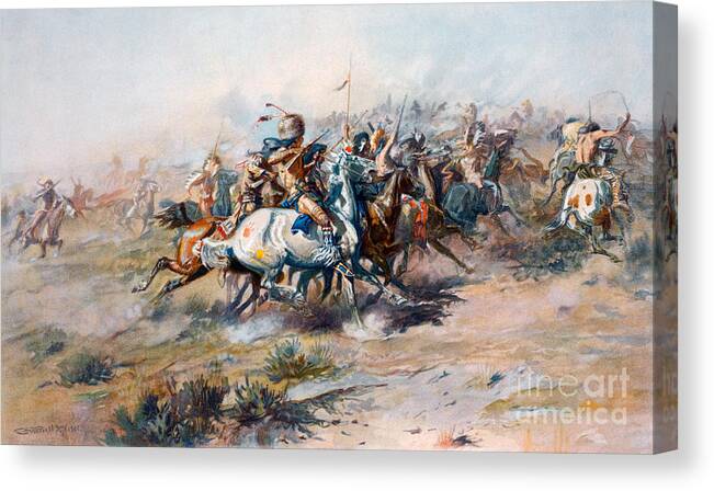 Little Bighorn Canvas Print featuring the painting The Indian encirclement of General Custer at the Battle of the Little Big Horn by Charles Marion Russell