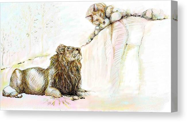 Lion Canvas Print featuring the painting The Lion and The Fox 1 - The First Meeting by Sukalya Chearanantana
