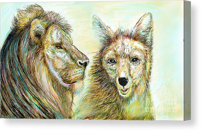 Lion Canvas Print featuring the painting The Lion and The Fox 3 - To Face How Real of Faith by Sukalya Chearanantana