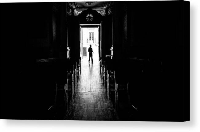 Black Canvas Print featuring the photograph The priest - Lisbon, Portugal - Black and white street photography by Giuseppe Milo