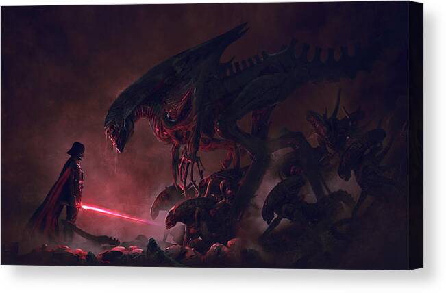 Star Wars Canvas Print featuring the digital art Vader vs aliens 4 by Exar Kun