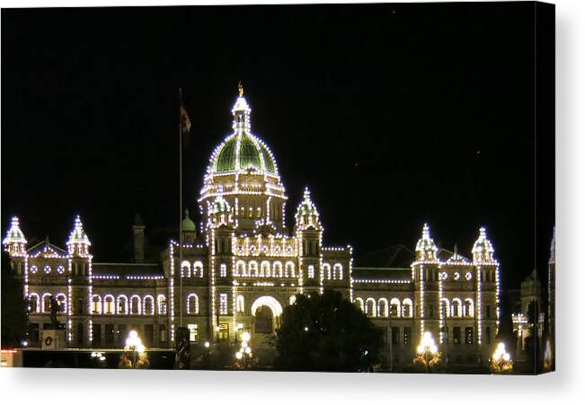 Night Lights Canvas Print featuring the photograph Victoria Legislative Buildings by Betty Buller Whitehead