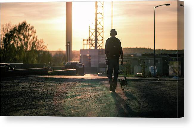Candid Canvas Print featuring the photograph Walking the dog - Turku, Finland - Color street photography by Giuseppe Milo