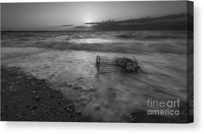 Sandy Hook Canvas Print featuring the photograph Washed Up Crab Cage 16x9 bw by Michael Ver Sprill