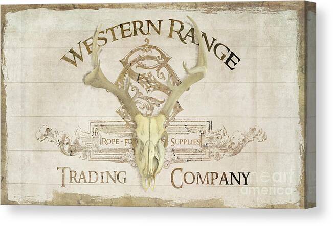 Western Canvas Print featuring the painting Western Range 3 Old West Deer Skull Wooden Sign Trading Company by Audrey Jeanne Roberts