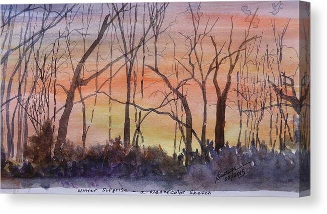 Sunset Between The Sourwoods Canvas Print featuring the painting Winter Surprise -a watercolor sketch by Joel Deutsch