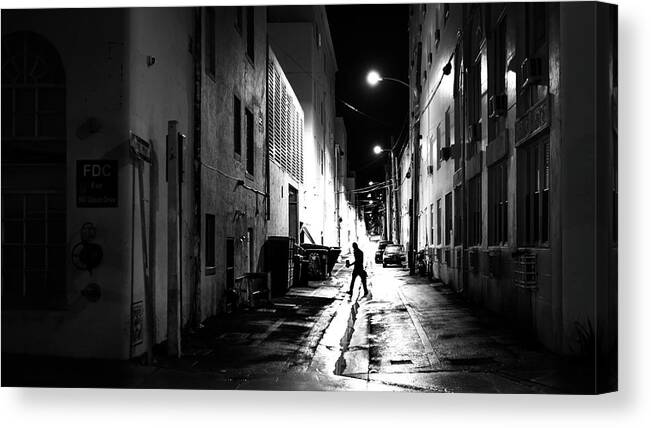 Black Canvas Print featuring the photograph Working at night - Miami, Florida - Black and white street photography by Giuseppe Milo