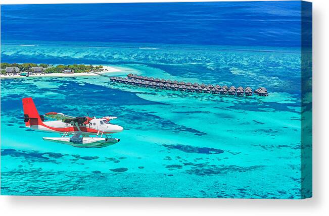 Landscape Canvas Print featuring the photograph Aerial View Of A Seaplane Approaching #1 by Levente Bodo