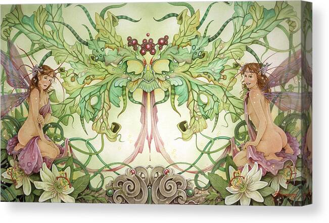 Fantasy & Fictional Canvas Print featuring the painting Passionflower -the Green Mask #1 by Linda Ravenscroft
