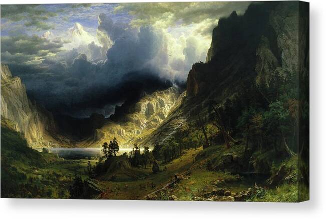 Landscape Canvas Print featuring the painting A Storm In The Rocky Mountains, Mt. Rosalie by Albert Bierstadt