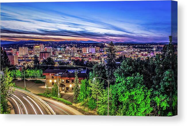 Office Building Canvas Print featuring the photograph Panoramic View Spokane Washington Downtown City Skyline #2 by Alex Grichenko